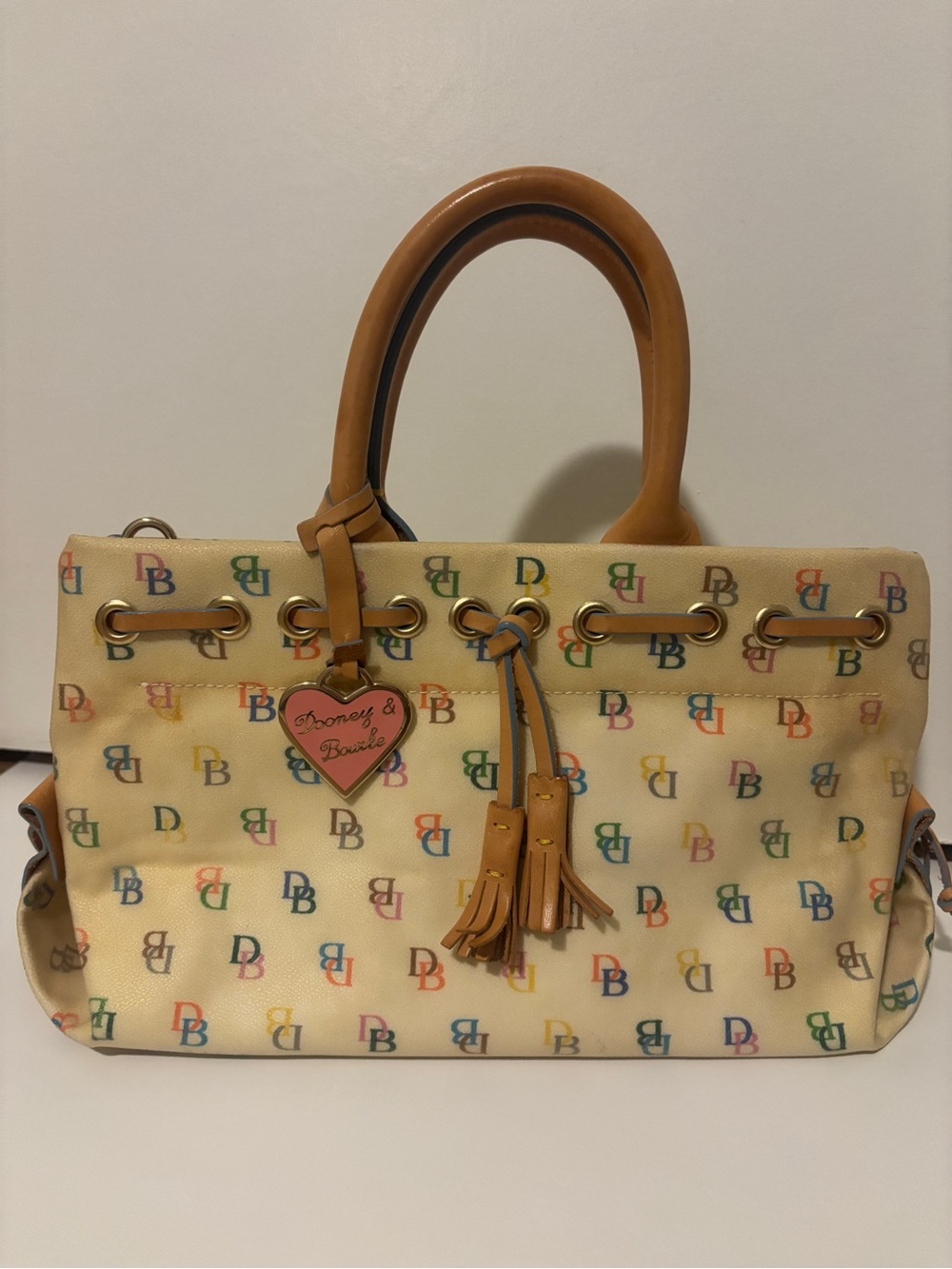 Dooney & Bourke Cream Multicolor Monogram Canvas Tote with Tan Trim